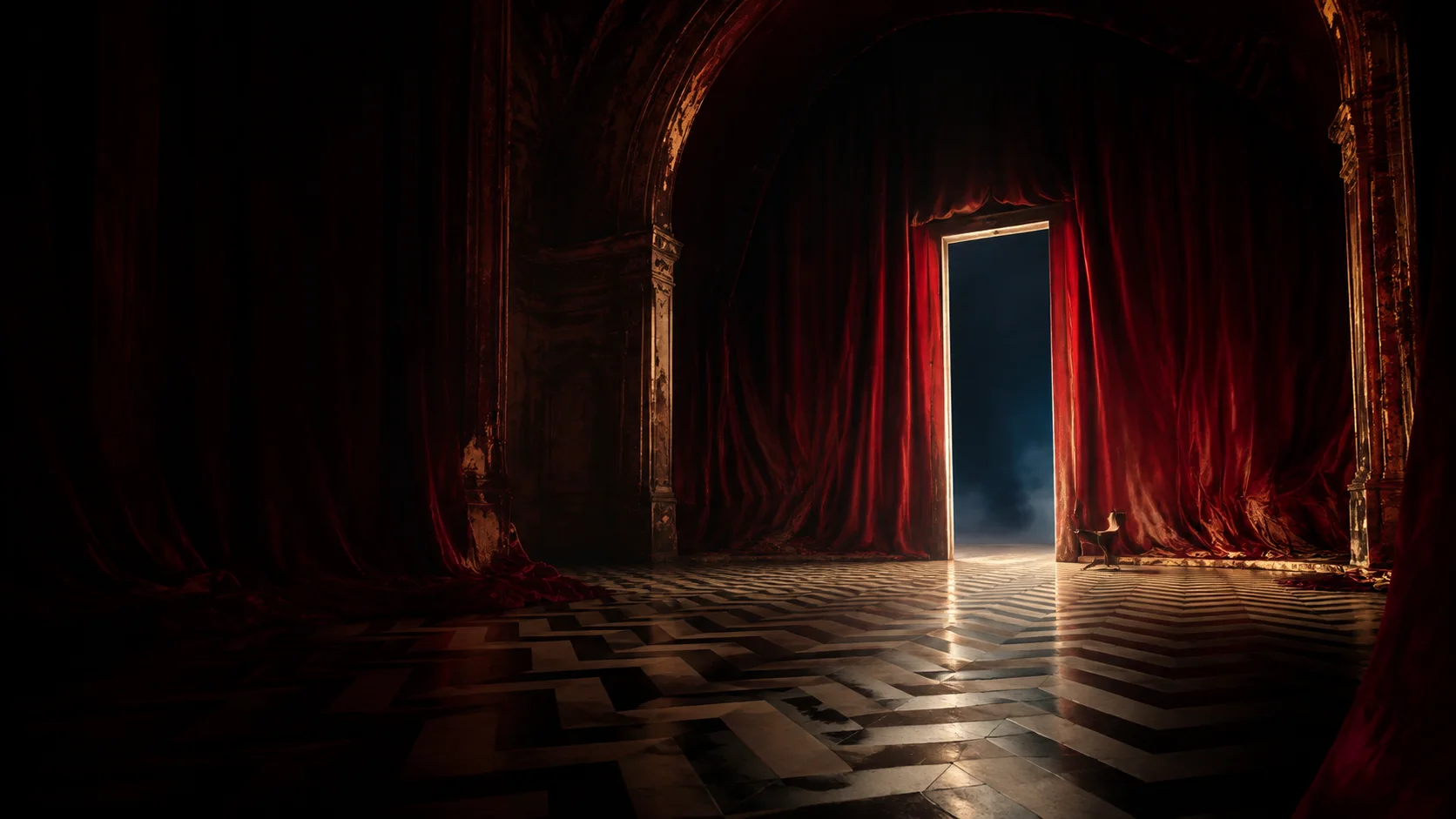 Escenografía de terciopelo rojo con suelo geométrico y una abertura iluminada